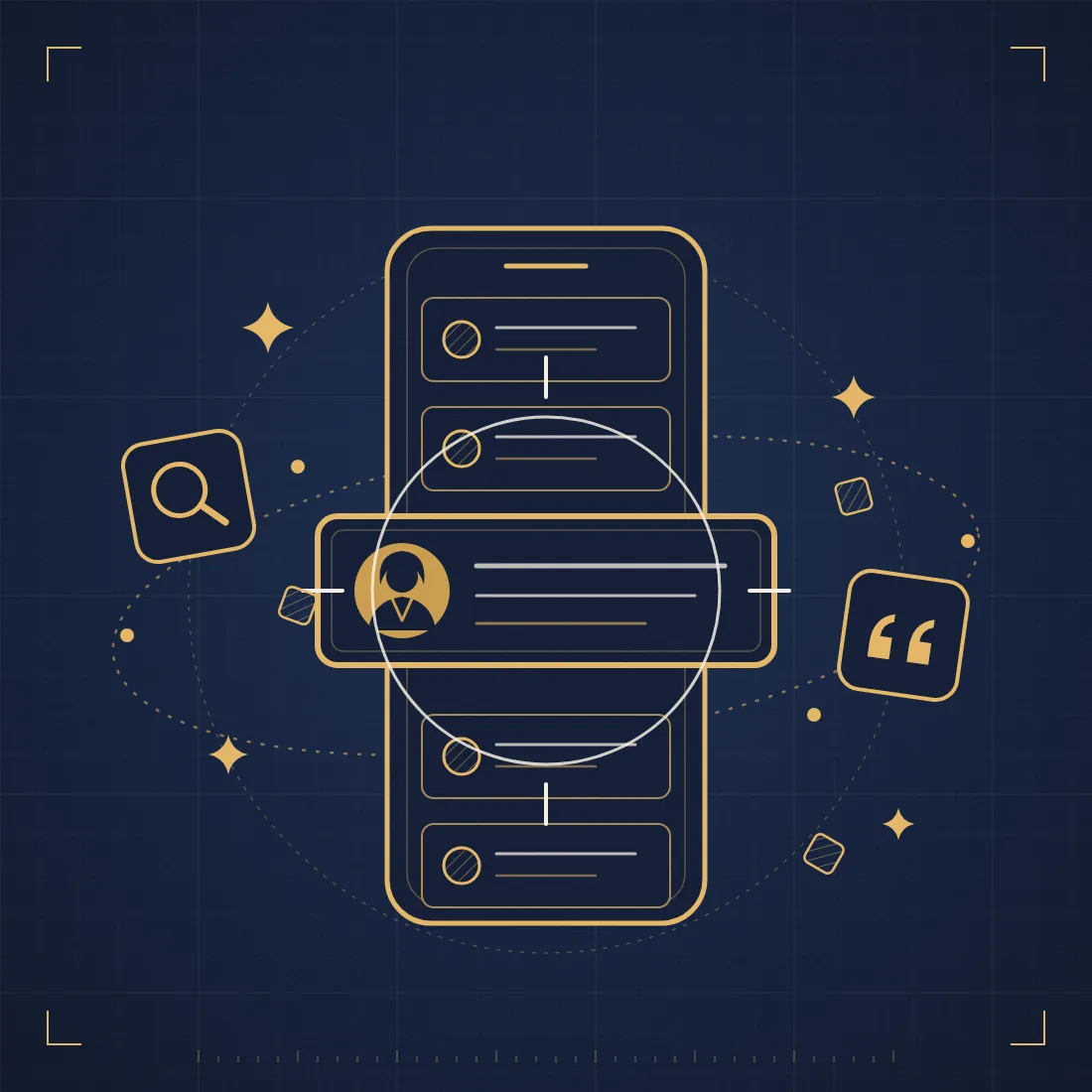 Gold line drawing of a phone showing AI answer cards, with the Agent Kelly answer highlighted inside a scope crosshair, flanked by search and quote icons